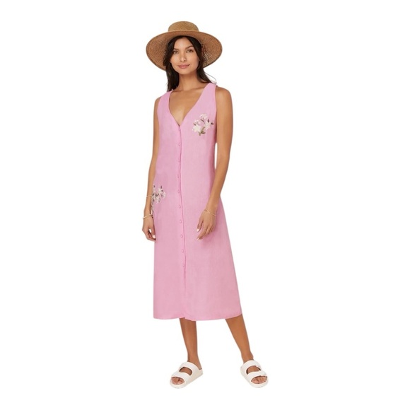 Fanm Mon X Andie Swim Anamur Pink Linen Embroidered Women Size L Midi Sleeveless - Picture 1 of 16